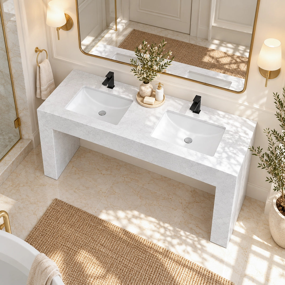 Ariston White engineered stone double console bathroom sink with two integrated basins in a bright modern bathroom.