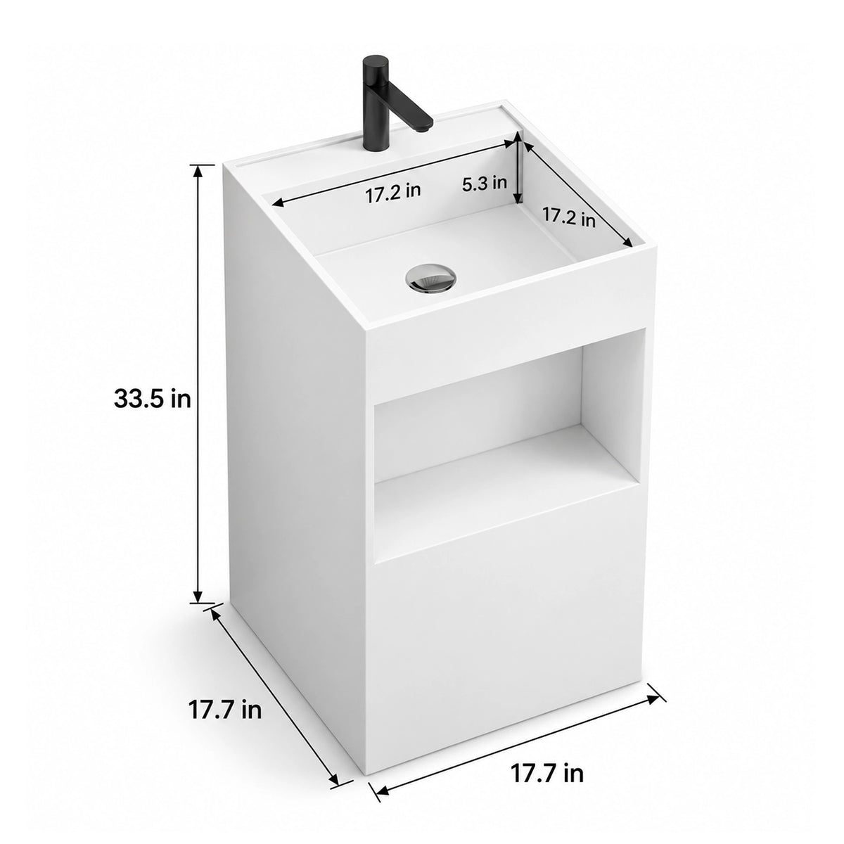 White engineered stone square freestanding bathroom sink with an integrated basin, open storage shelf, and dimensions of 17.7" W × 17.7" D × 33.5" H.