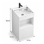 White engineered stone square freestanding bathroom sink with an integrated basin, open storage shelf, and dimensions of 17.7" W × 17.7" D × 33.5" H.