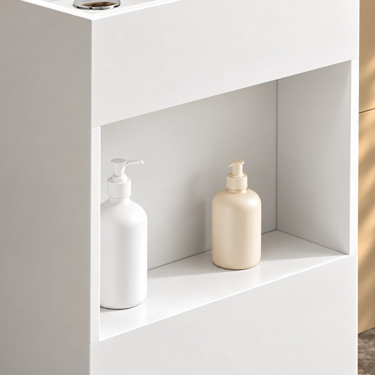Open storage shelf of a white engineered stone square freestanding bathroom sink, providing convenient space for bathroom essentials.