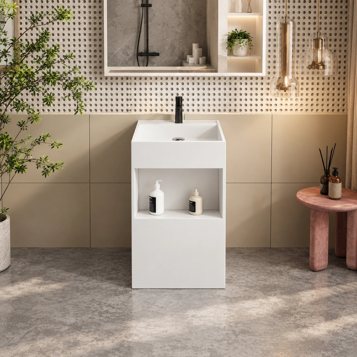 White engineered stone square freestanding bathroom sink with an integrated basin and open pedestal design in a modern bathroom.
