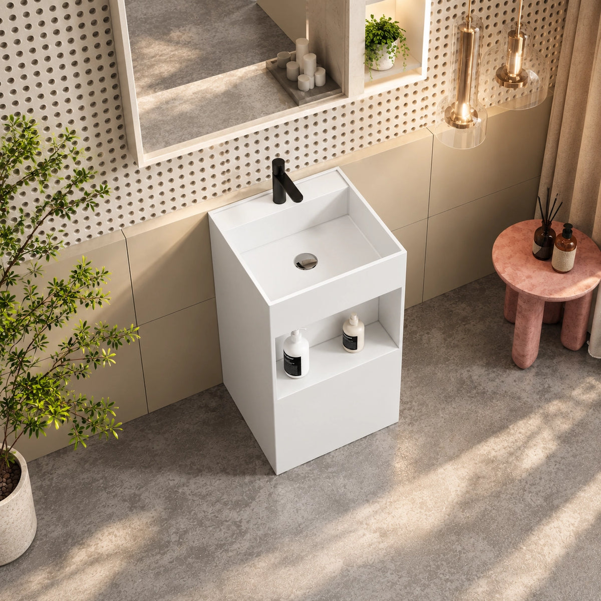 White engineered stone square freestanding bathroom sink with an integrated basin and open pedestal storage shelf in a modern bathroom.