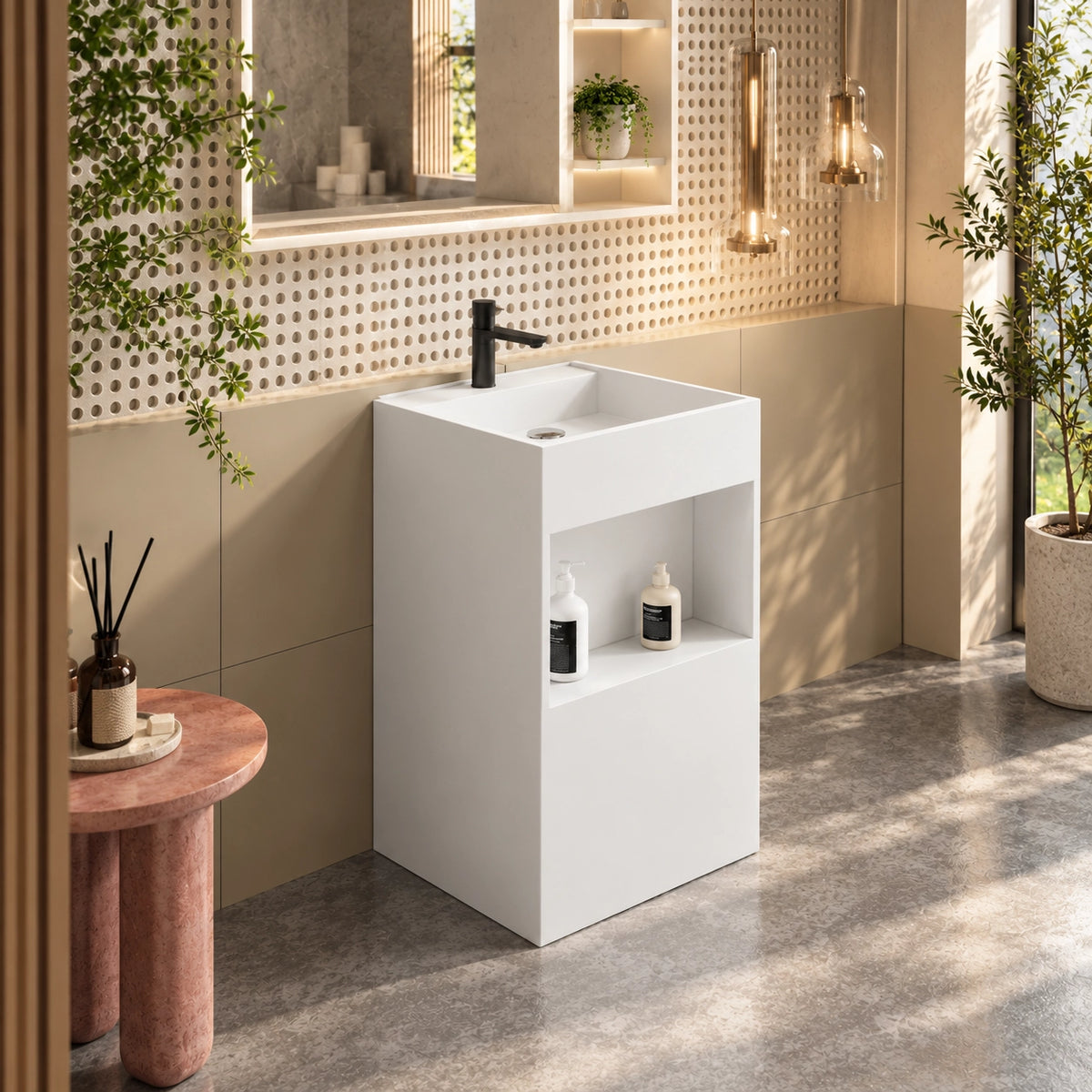 White engineered stone square freestanding bathroom sink with an integrated basin and open pedestal design in a modern bathroom.