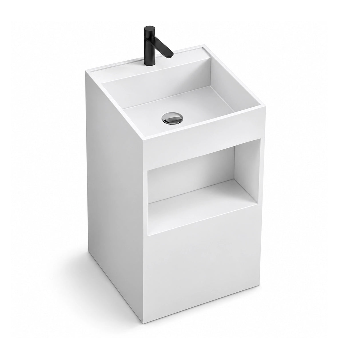 White engineered stone square freestanding bathroom sink with an integrated basin, black single-hole faucet, and open storage shelf.