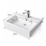 White ceramic semi-recessed bathroom sink with a rectangular basin, single-hole faucet, integrated overflow, and dimensions of 23.6" W × 19.7" D × 7.3" H.
