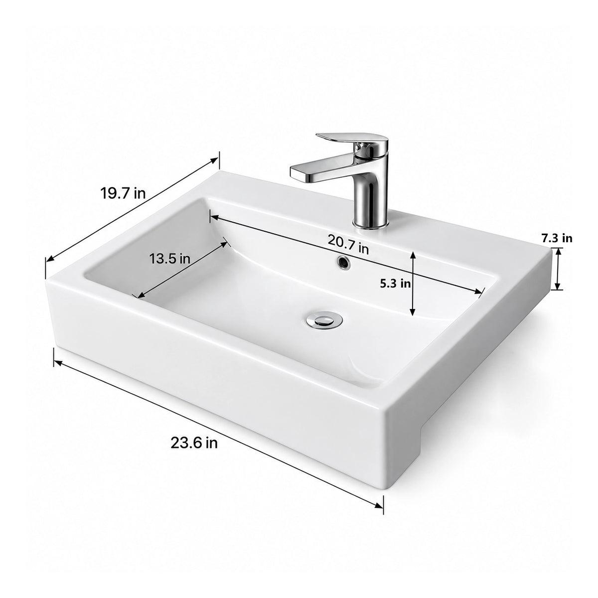 White ceramic semi-recessed bathroom sink with a rectangular basin, single-hole faucet, integrated overflow, and dimensions of 23.6" W × 19.7" D × 7.3" H.