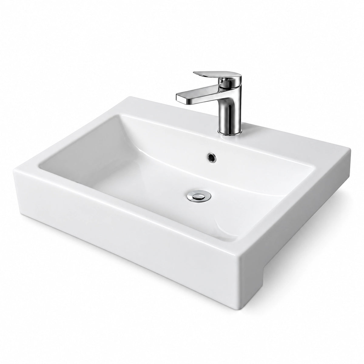 White ceramic semi-recessed bathroom sink with rectangular basin, single faucet hole, and integrated overflow.
