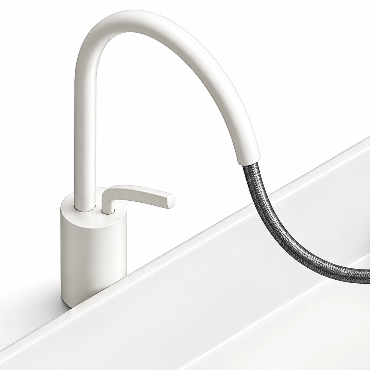 White horizontal pull-out faucet with a flexible braided hose and cylindrical base for a ceramic semi-recessed bathroom sink.