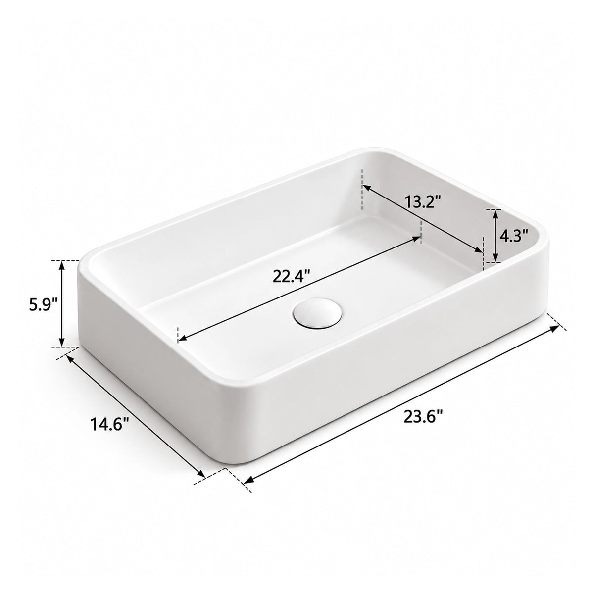 White ceramic semi-recessed bathroom sink dimension diagram showing overall dimensions of 23.6" W × 14.6" D × 5.9" H and basin dimensions of 22.4" W × 13.2" D × 4.3" deep.