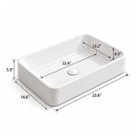 White ceramic semi-recessed bathroom sink dimension diagram showing overall dimensions of 23.6" W × 14.6" D × 5.9" H and basin dimensions of 22.4" W × 13.2" D × 4.3" deep.