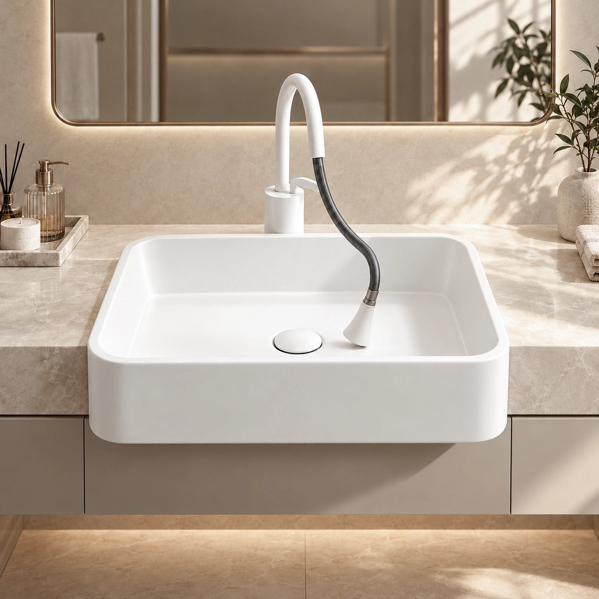 White ceramic semi-recessed bathroom sink with rounded rectangular basin and white horizontal pull-out faucet in a modern vanity.