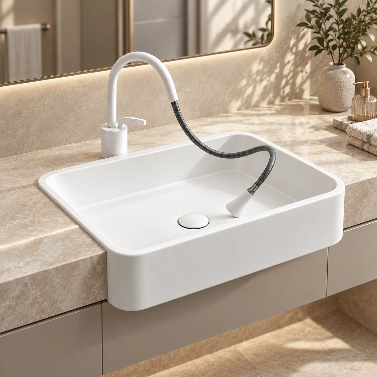 White ceramic semi-recessed bathroom sink with rounded rectangular basin and flexible horizontal pull-out faucet on a beige stone vanity.