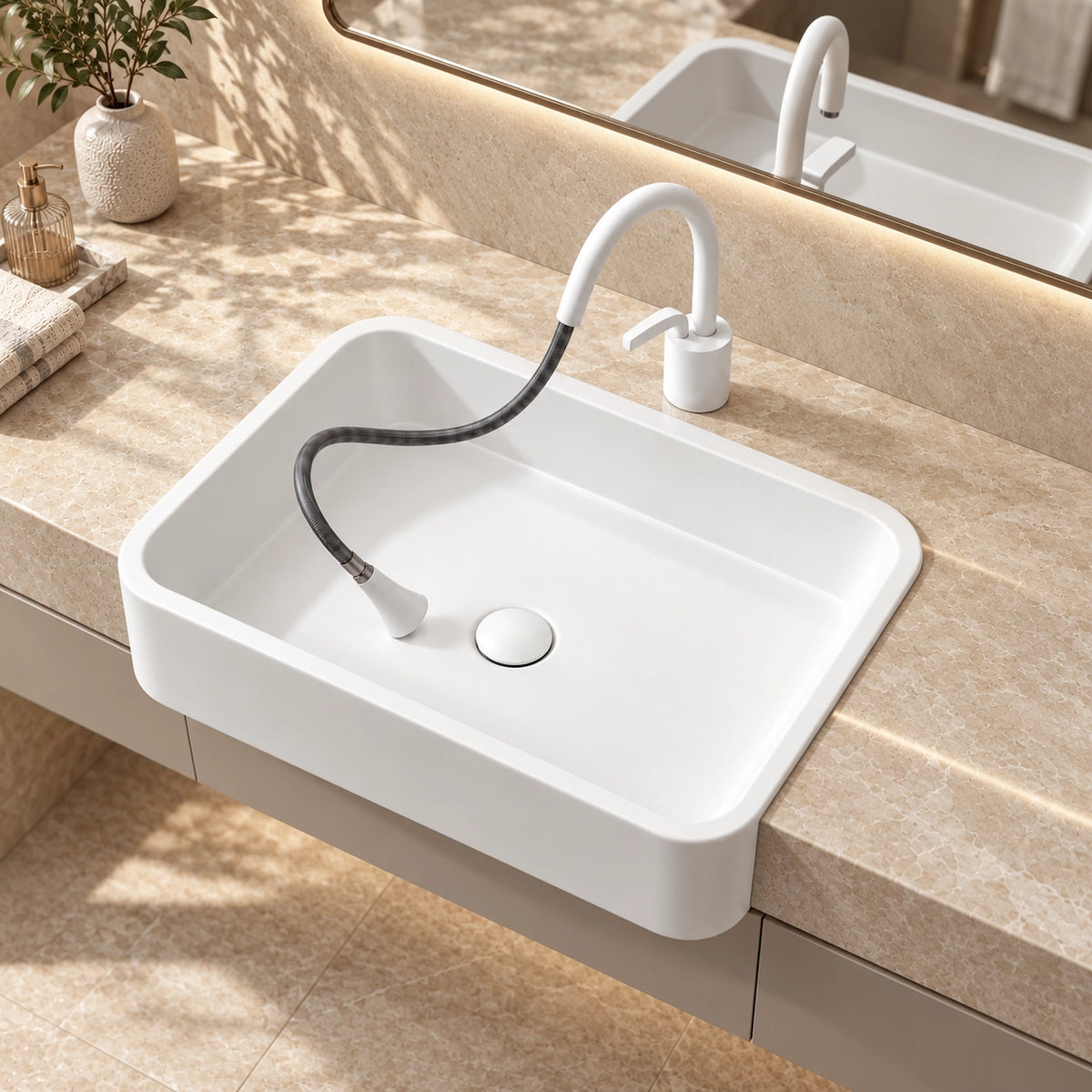White ceramic semi-recessed bathroom sink with rounded rectangular basin and flexible pull-out faucet on a beige stone countertop.