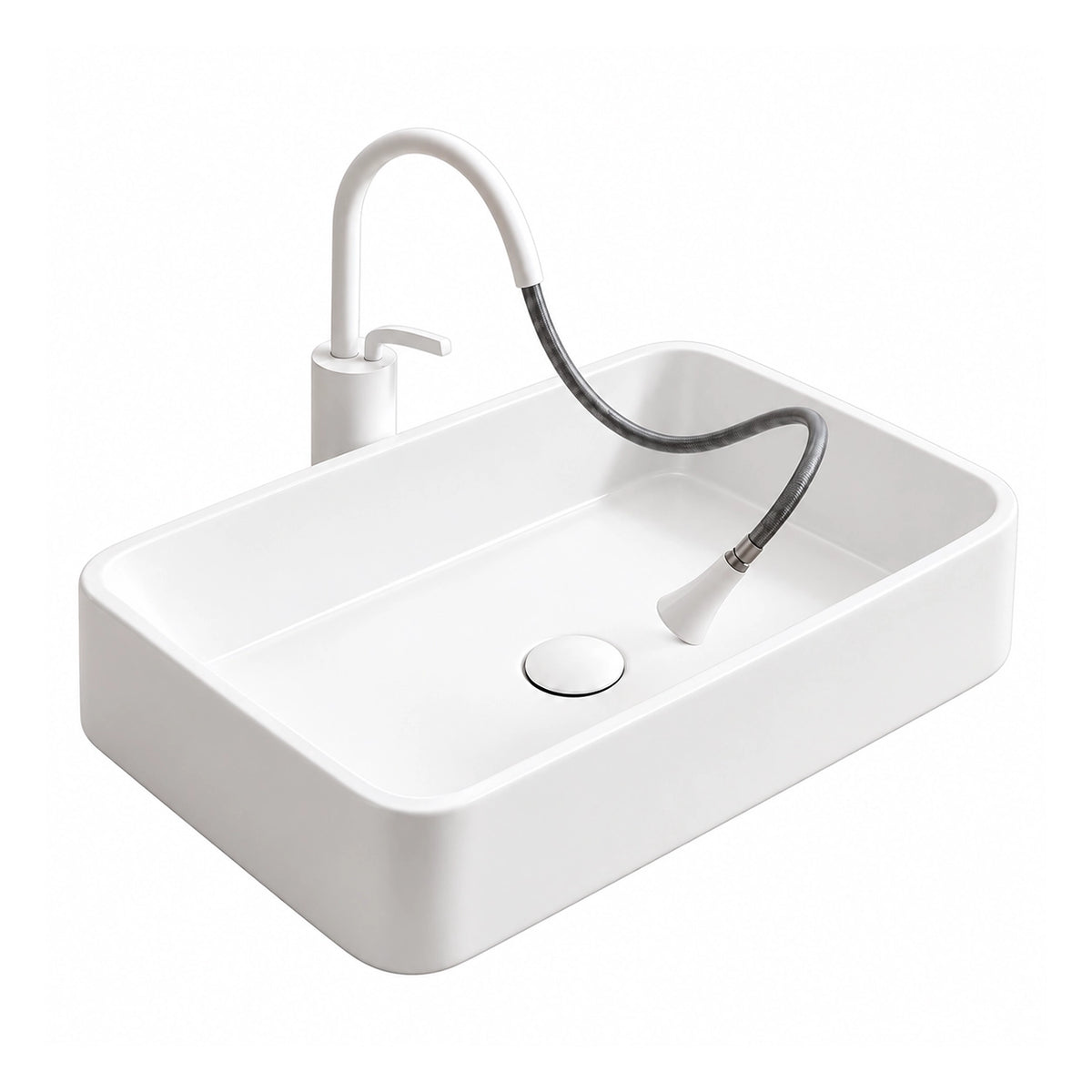 White ceramic rectangular semi-recessed bathroom sink with a white horizontal pull-out faucet, flexible braided hose, and matching drain cover.