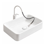 White ceramic rectangular semi-recessed bathroom sink with a white horizontal pull-out faucet, flexible braided hose, and matching drain cover.