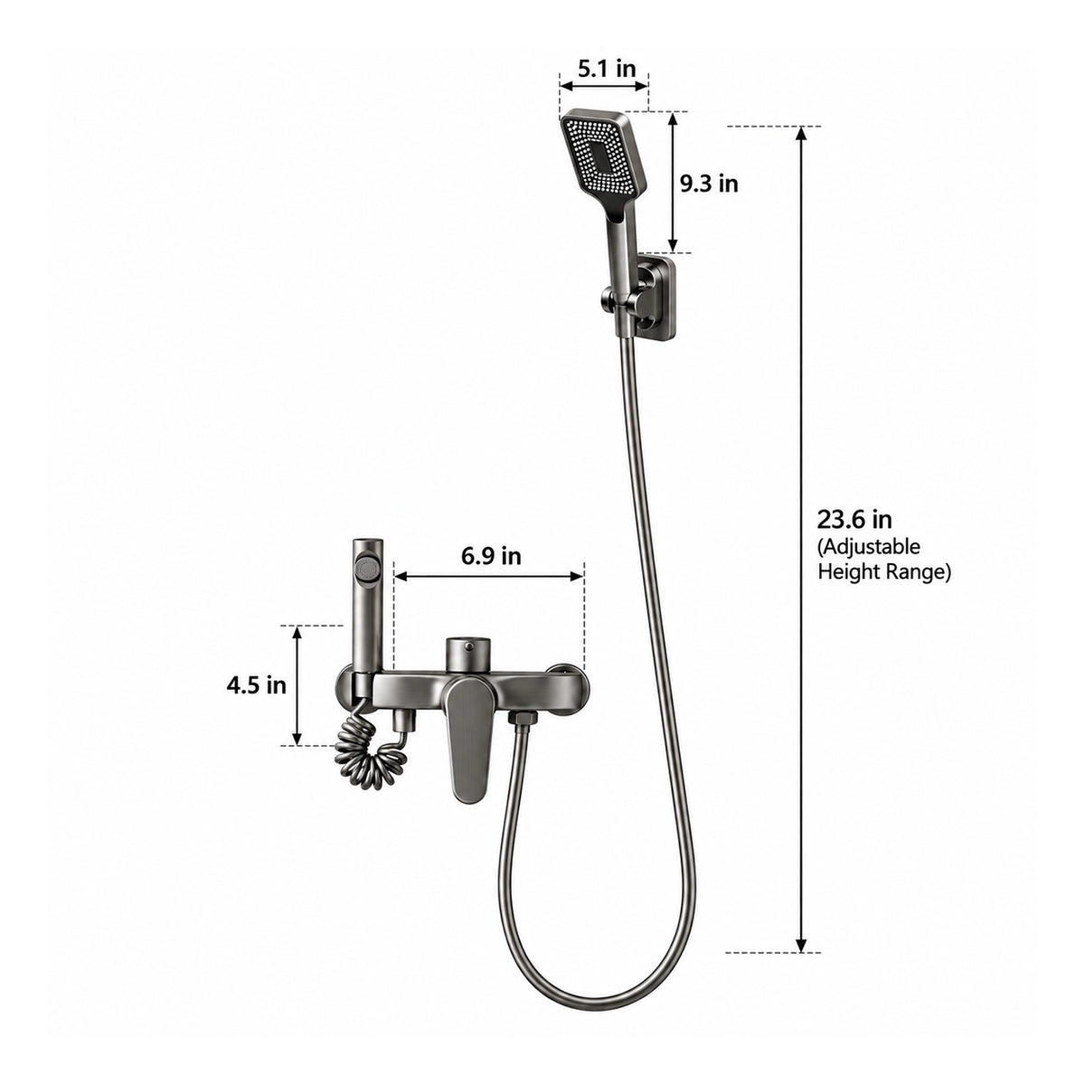 Gunmetal shower set with marked dimensions, 23.6in adjustable height