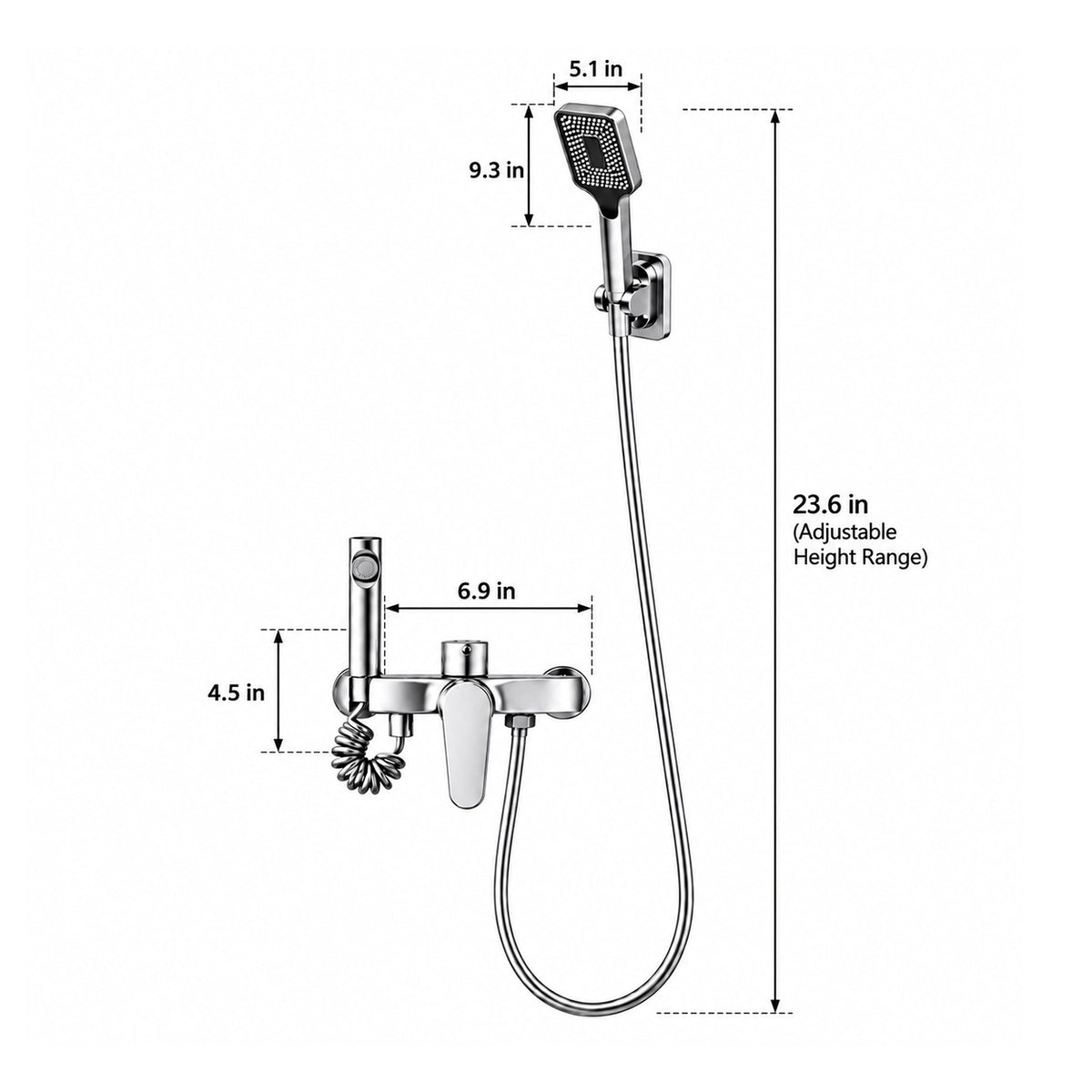 Silver shower set with marked dimensions, 23.6in adjustable height